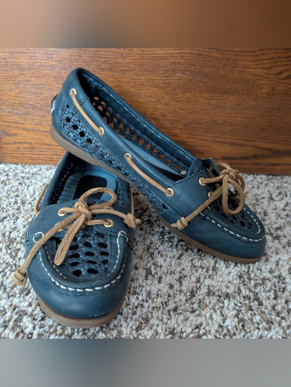 Sperry Navy Audrey Cane Woven Leather Boat Shoes with Tan Laces - Size 7M